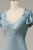 Grey Blue Satin Simple Prom Dress with Ruffles