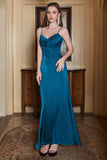 Spaghetti Straps Blue Simple Prom Dress with Ruffles