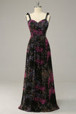 A Line Spaghetti Straps Black Mixed Flower Plus Size Prom Dresses