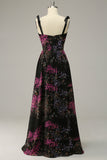 A Line Spaghetti Straps Black Mixed Flower Plus Size Prom Dresses