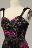 A Line Spaghetti Straps Black Mixed Flower Plus Size Prom Dresses