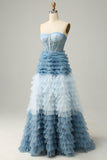A Line Sweetheart Grey Blue Long Prom Dress with Ruffles