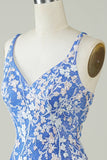 Sheath V Neck Blue Short Homecoming Dress with Appliques Criss Cross Back