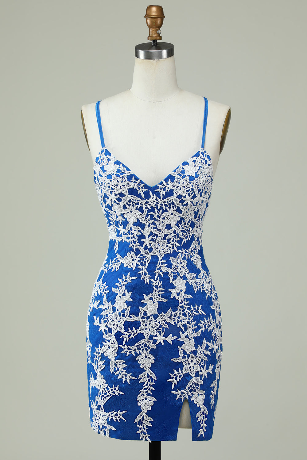 Spaghetti Straps Blue Sheath Graduation Dress With Appliques