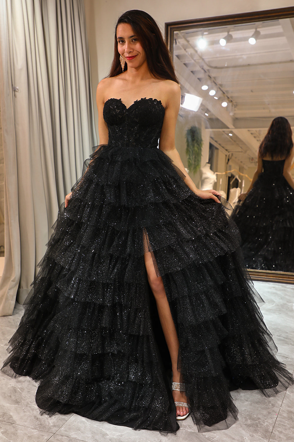 ZAPAKA Women Black Corset Prom Dress Trendy A Line Sweetheart Evening Dress with Ruffles