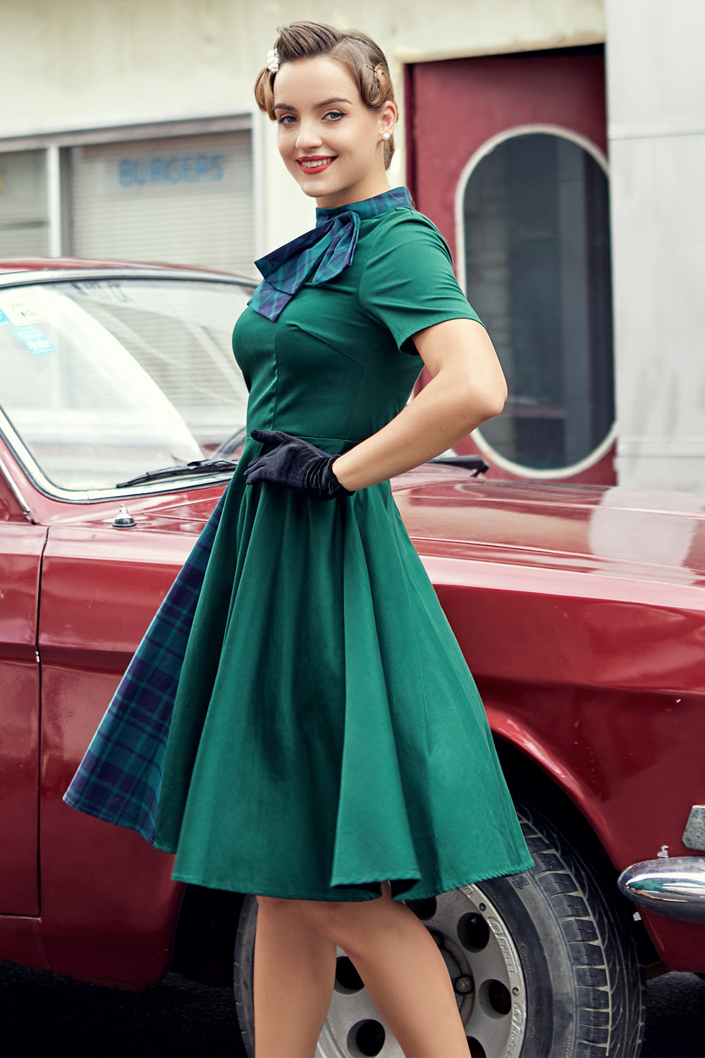 Green Plaid Swing Vintage 1950s Dress
