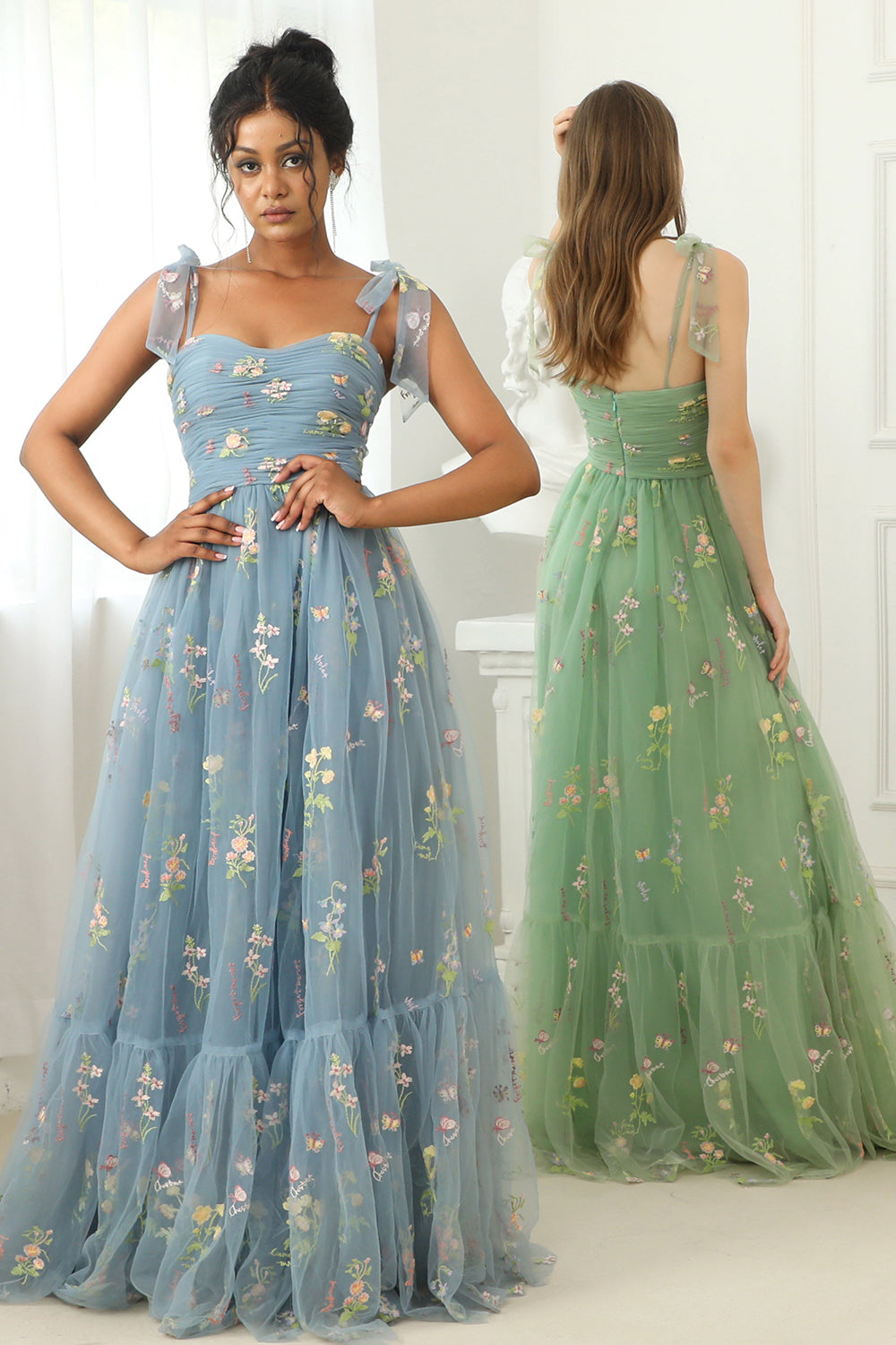 A Line Spaghetti Straps Champagne Prom Dress with Embroidery