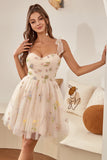 Cute A Line Spaghetti Straps Champagne Graduation Dress with Embroidery
