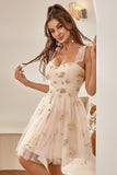 Cute A Line Spaghetti Straps Champagne Graduation Dress with Embroidery