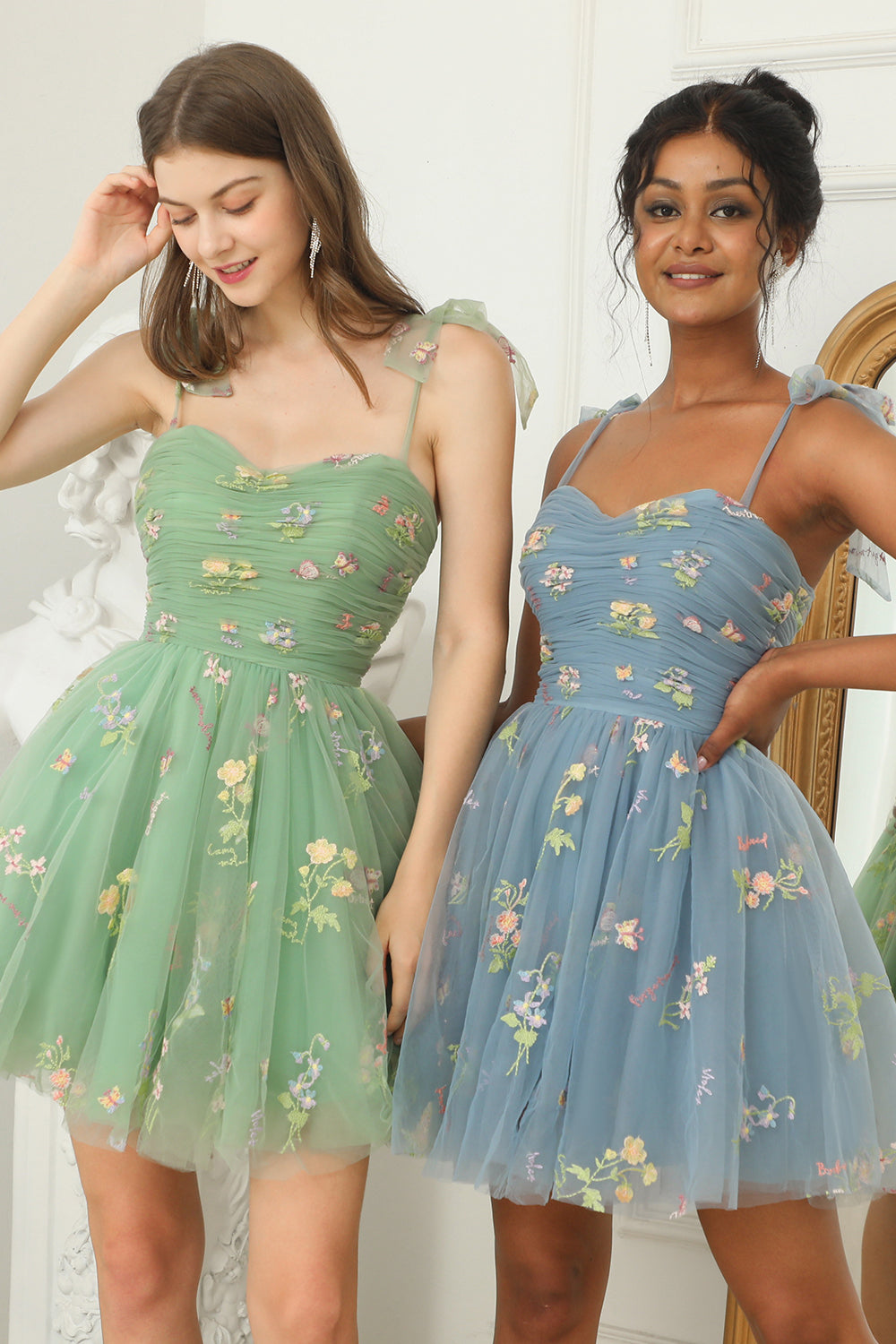 Cute A Line Spaghetti Straps Champagne Graduation Dress with Embroidery