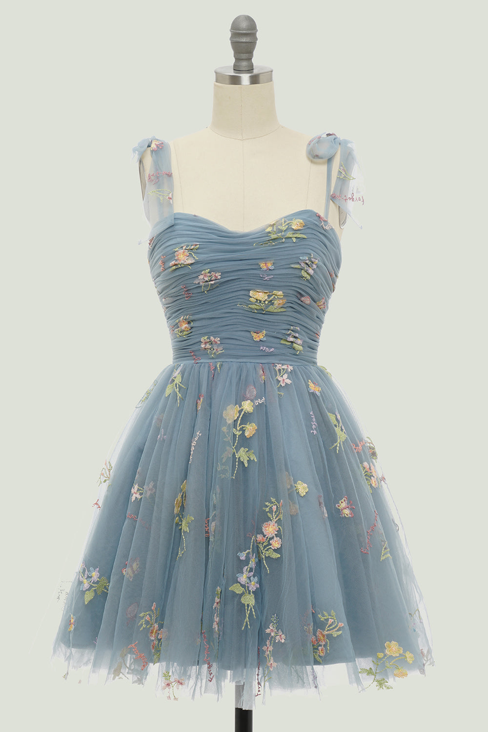 Grey Blue Short A-Line Graduation Dress With Embroidery