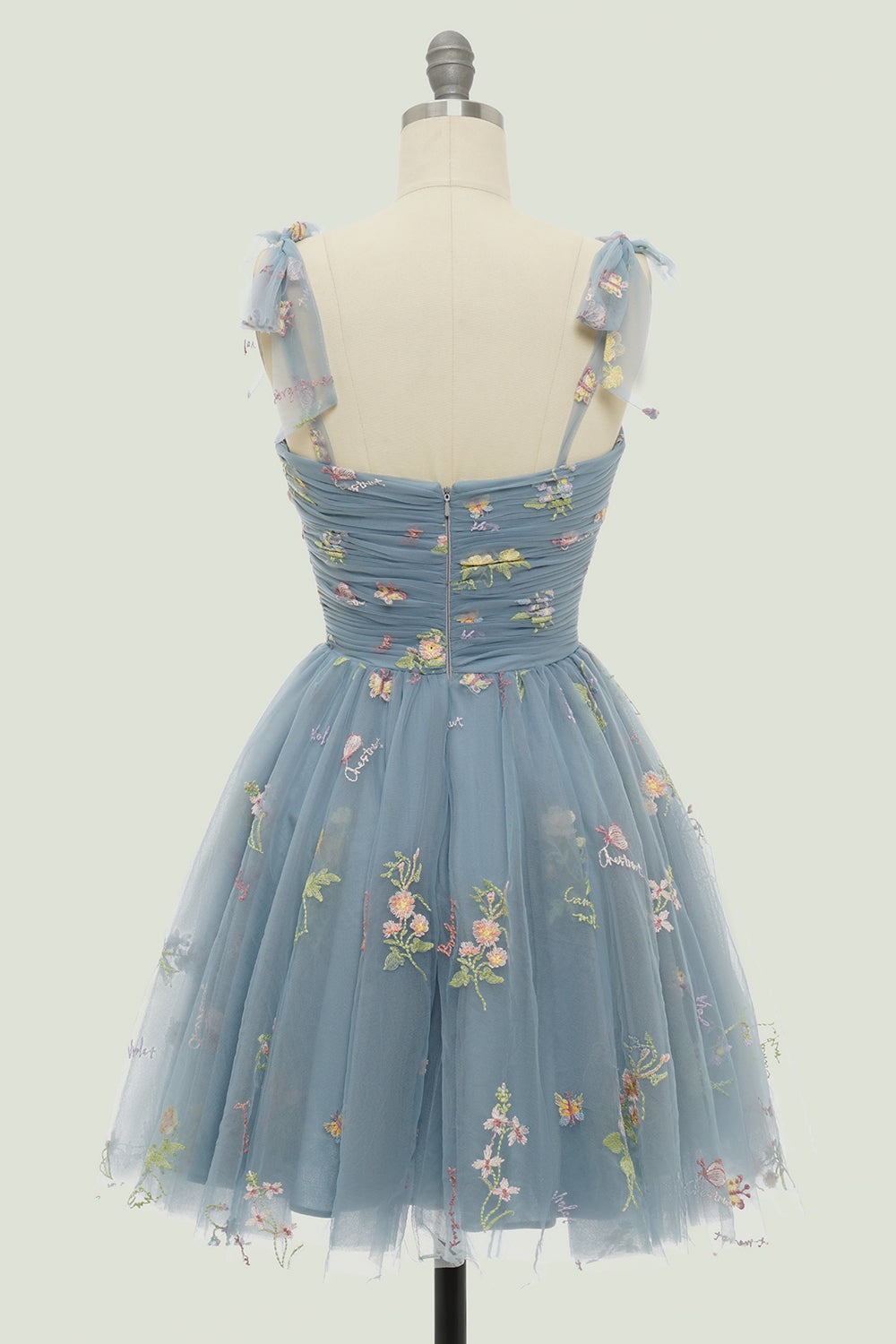 Grey Blue Short A-Line Graduation Dress With Embroidery