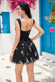 Cute A Line Off the Shoulder Black Corset Graduation Dress with Embroidery