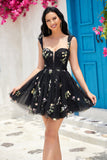 Cute A Line Off the Shoulder Black Corset Graduation Dress with Embroidery