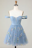 Cute A Line Sweetheart Grey Blue Short Graduation Dress with Embroidery