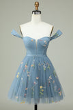 Cute A Line Off the Shoulder Black Corset Graduation Dress with Embroidery