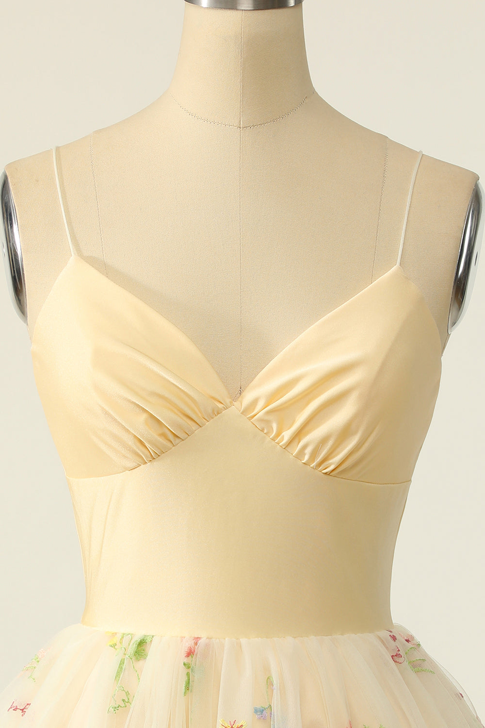 Champagne Tulle A-line Graduation Dress with Embroidery