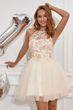 Champagne Halter Graduation Dress with Embroidery