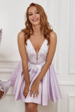 Purple Beading Satin Graduation Dress with Appliques
