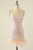 Sky Blue Sequin Graduation Dress with Feathers