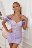 Lavender Off the Shoulder Graduation Dress with Feathers