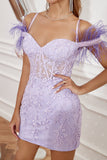 Lavender Off the Shoulder Graduation Dress with Feathers