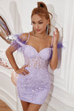 Lavender Off the Shoulder Graduation Dress with Feathers