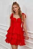 Red Tiered Short Graduation Dress With Bows