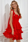 Red Tiered Short Graduation Dress With Bows