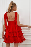 Red Tiered Short Graduation Dress With Bows