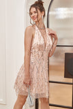 Blush Sequin Fringes Halter Wedding Guest Dress