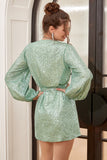 Green Wrap Style Graduation Dress with Long Sleeves