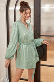 Green Wrap Style Graduation Dress with Long Sleeves