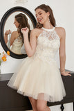 Champagne Beaded Halter Tulle Cute Graduation Dress