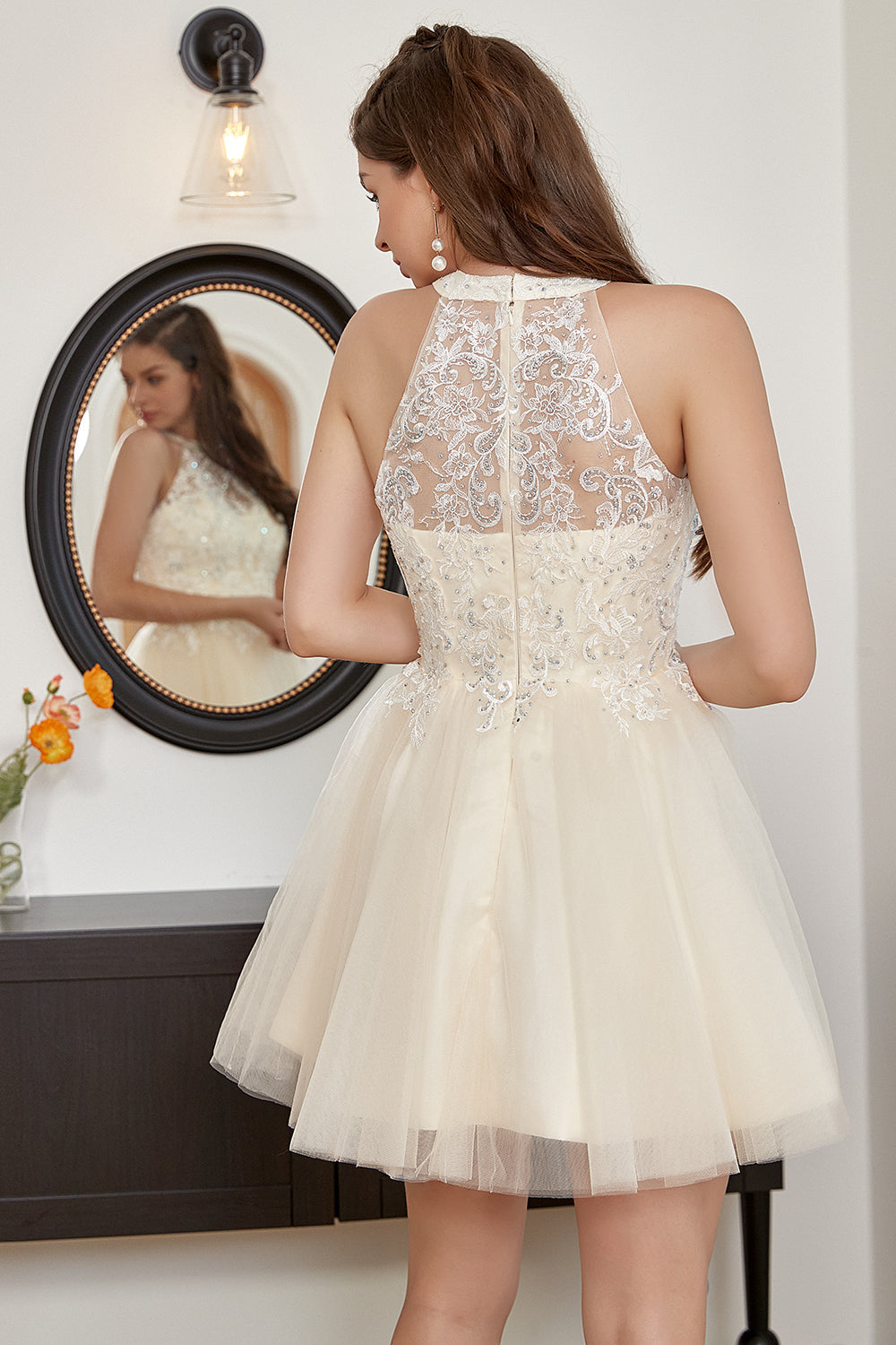 Champagne Beaded Halter Tulle Cute Graduation Dress