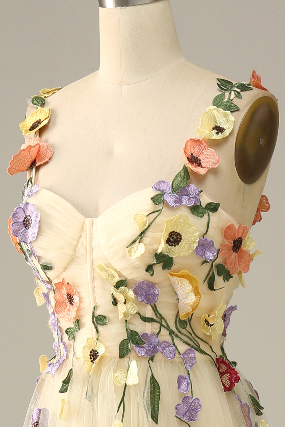 Champagne Spaghetti Straps Prom Dress With 3D Flowers
