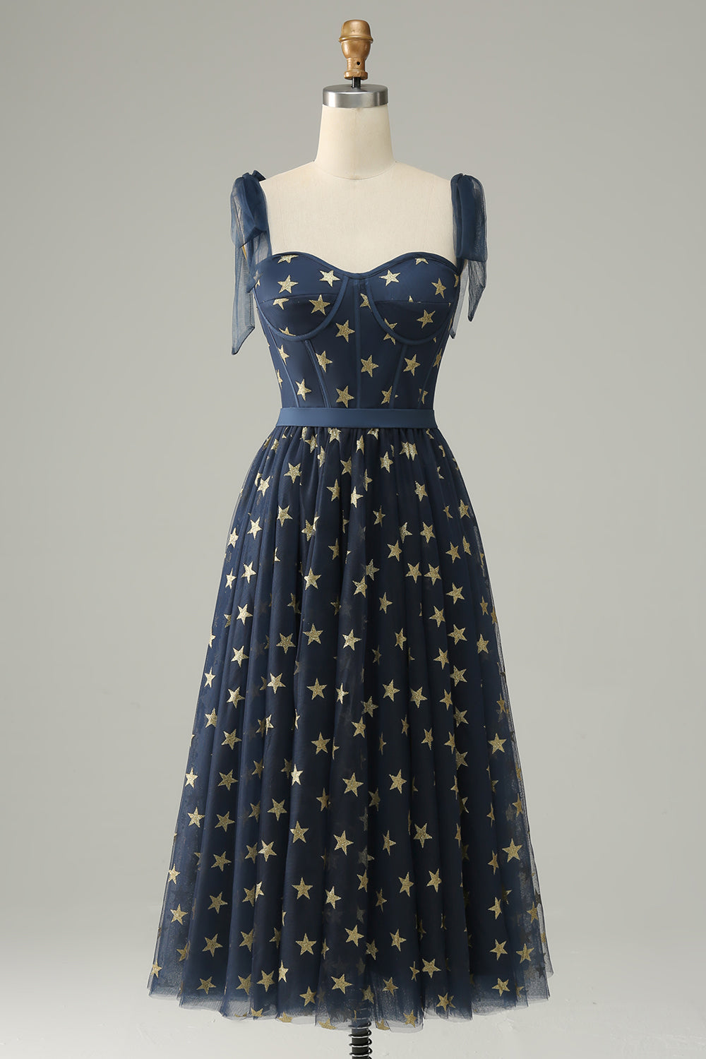 Navy Stars A-Line Tea-Length Prom Dress With Bowknots