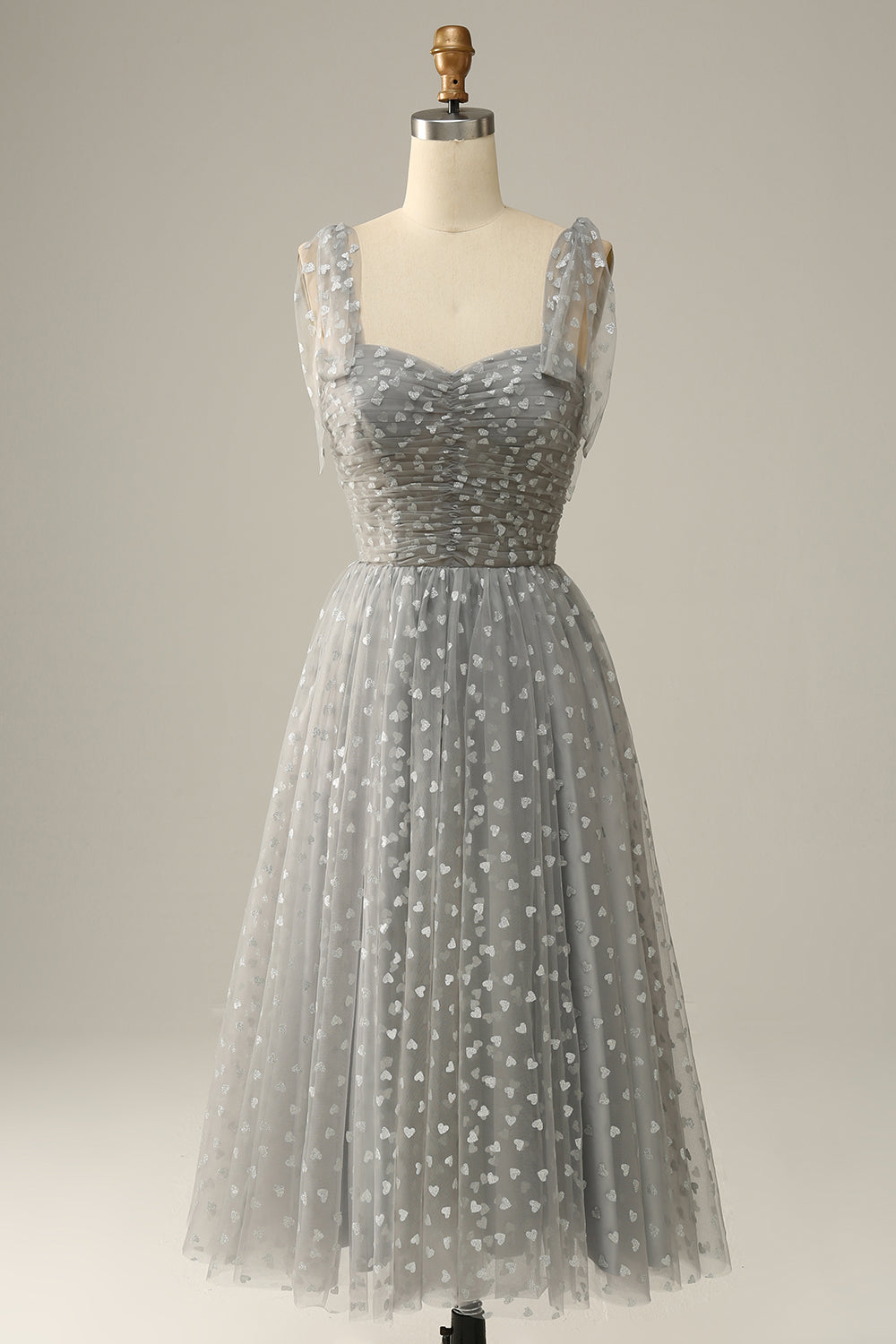 Grey Spaghetti Straps Tea-Length Prom Dress With Bowknots