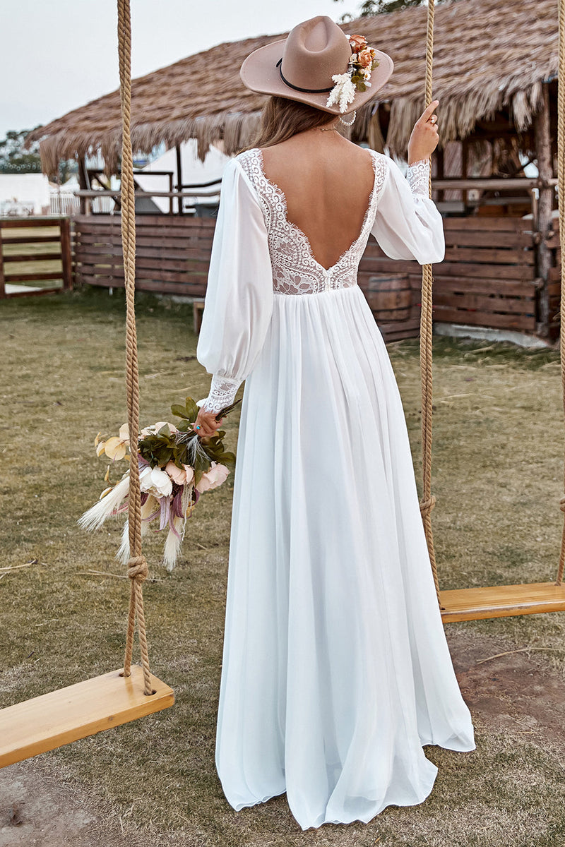 Zapaka Women Boho Wedding Dress Ivory Lace Chiffon V-Neck Long Sleeve  Bridal Dress – Zapaka CA