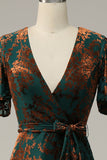 Blue Burnout Velvet A Line Mother of the Bride Dress with Short Sleeves