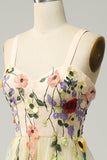 A Line Spaghetti Straps Champagne Tea Length Prom Dress with Appliques