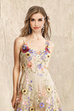 A Line Spaghetti Straps Champagne Long Prom Dress with Appliques