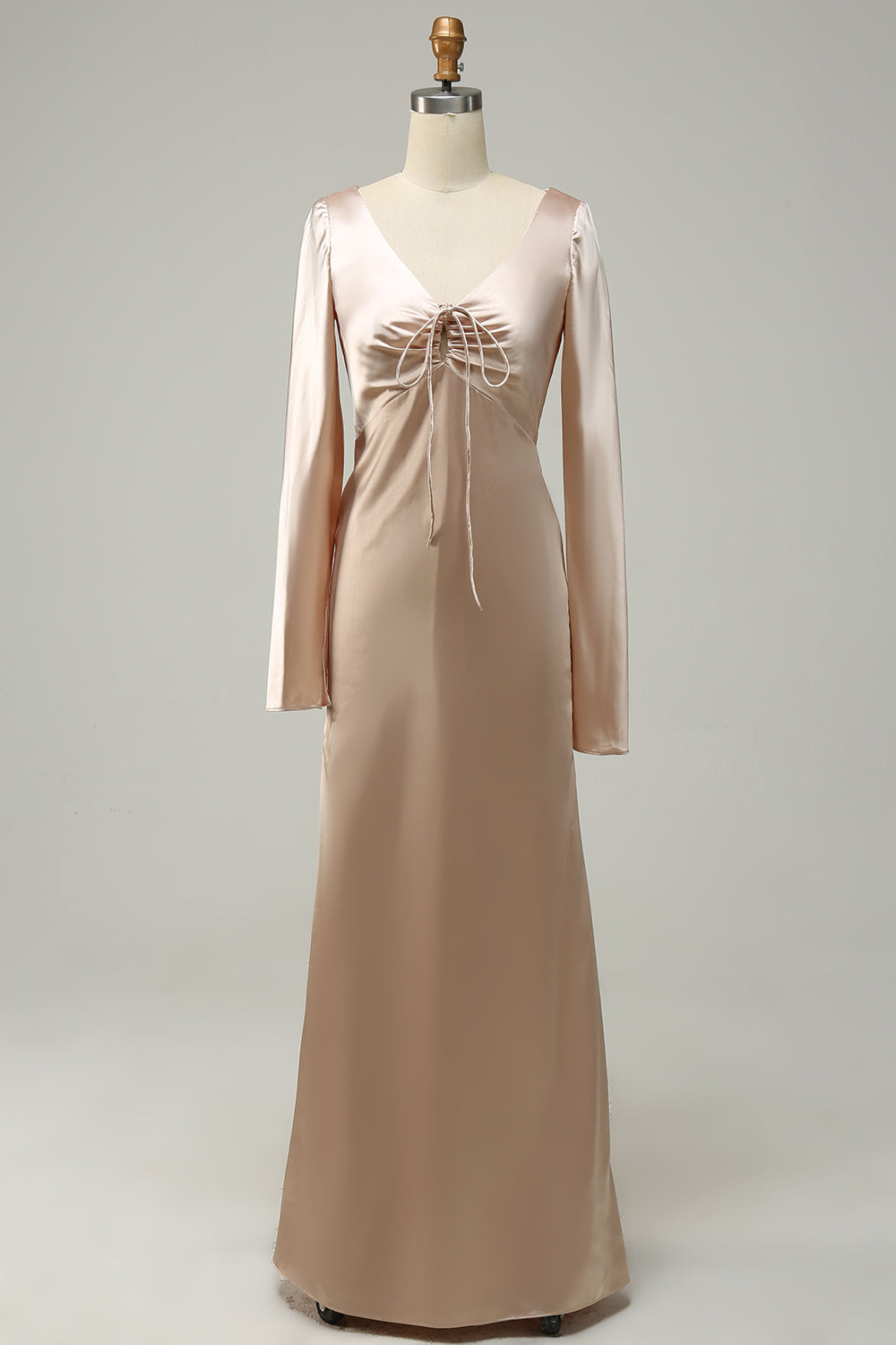 V-Neck Champagne Long Bridesmaid Dress with Sleeves