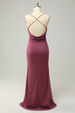 Sheath Spaghetti Straps Desert Rose Long Plus Size Formal Dress with Split Front