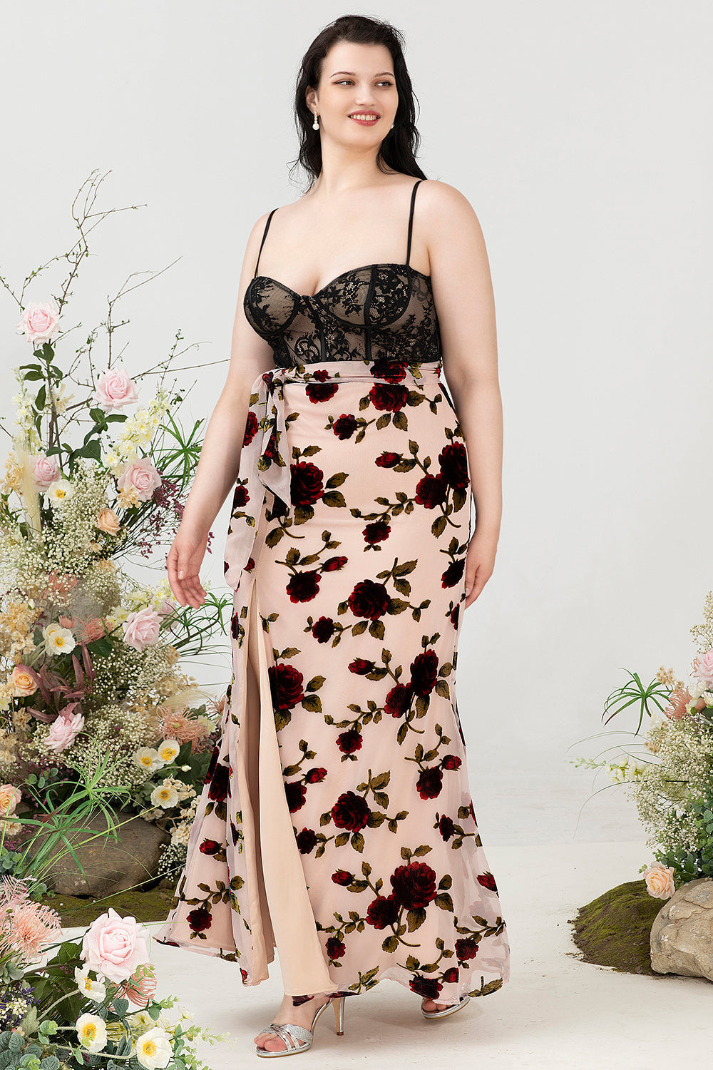 Sheath Spaghetti Straps Black Floral Plus Size Wedding Guest Dress with Slit