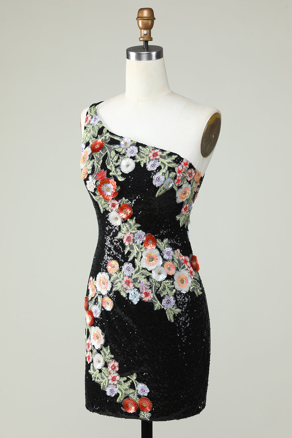 One Shoulder Black Sequin Beading Graduation Dress