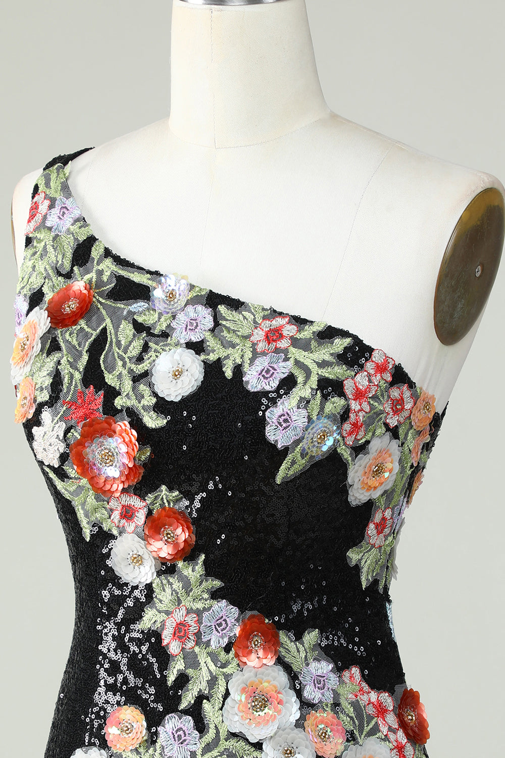 One Shoulder Black Sequin Beading Graduation Dress