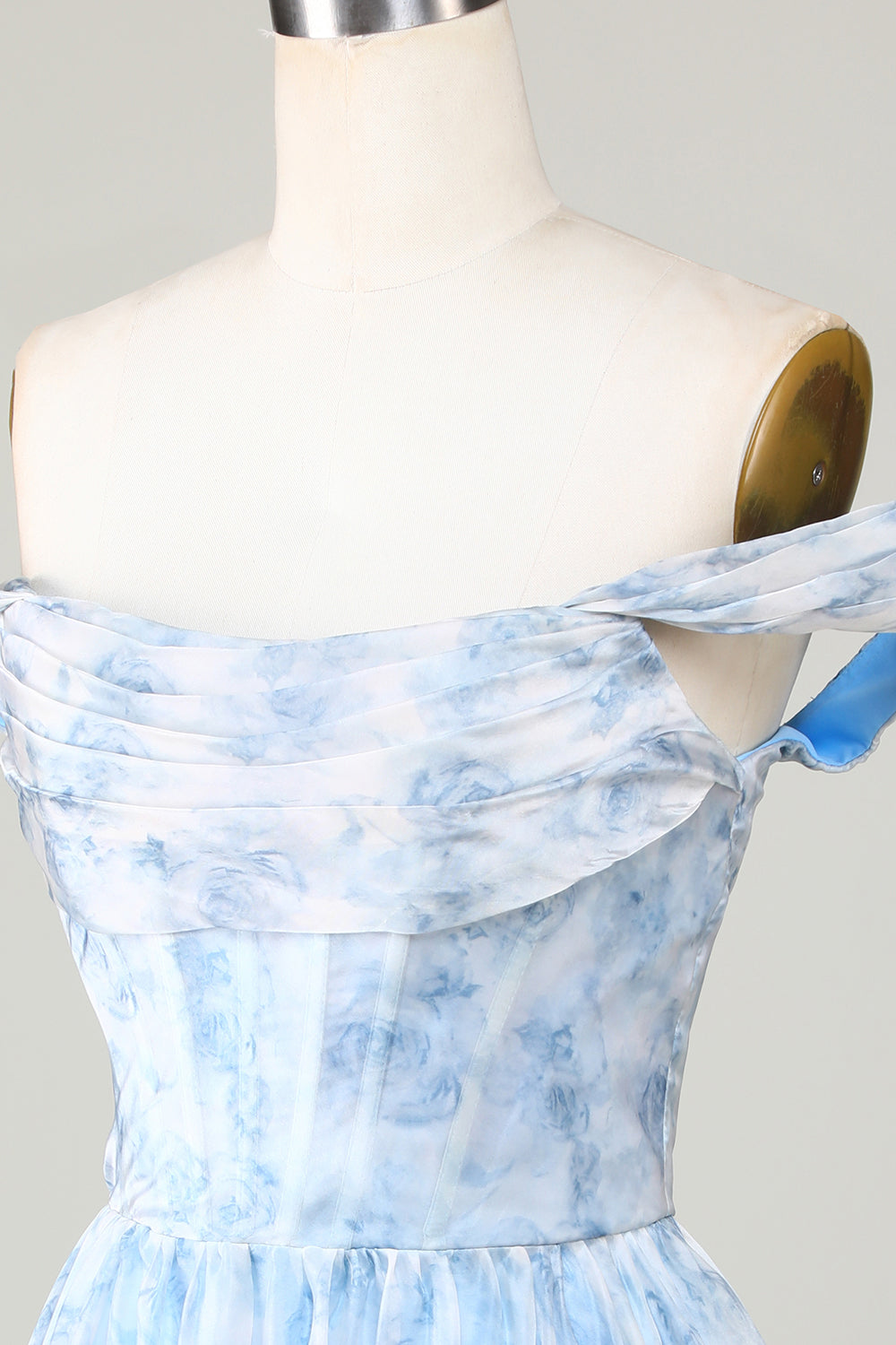 Cute A Line Off the Shoulder Blue Printed Short Graduation Dress with Ruffles