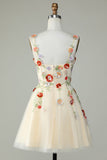 Spaghetti Straps Black A Line Sequin Flowers Graduation Dress
