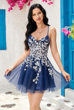 Stylish A Line Navy Spaghetti Straps Graduation Dress With Criss Cross Back